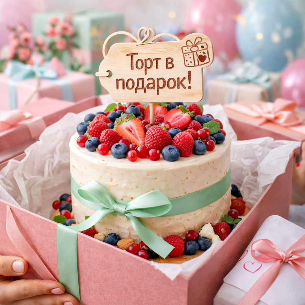 Торт в подарок с подарками и цветами